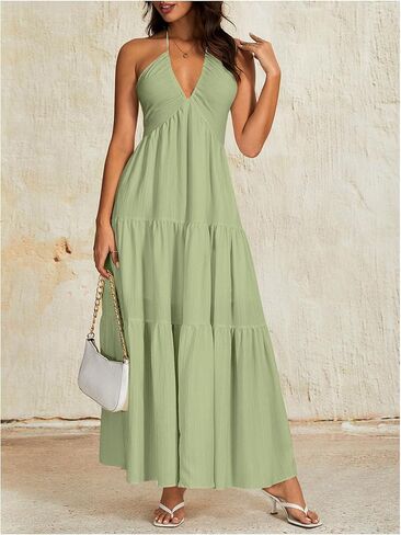 OYOANGLE Women's V Neck Tie Backless Halter Dress Ruched Flowy Vacation Maxi Dresses in Kuwait