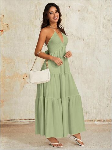 OYOANGLE Women's V Neck Tie Backless Halter Dress Ruched Flowy Vacation Maxi Dresses in Kuwait