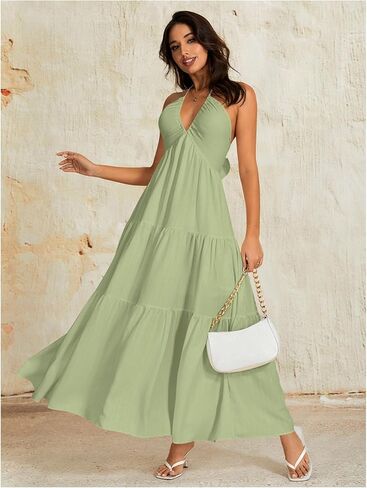 OYOANGLE Women's V Neck Tie Backless Halter Dress Ruched Flowy Vacation Maxi Dresses in Kuwait