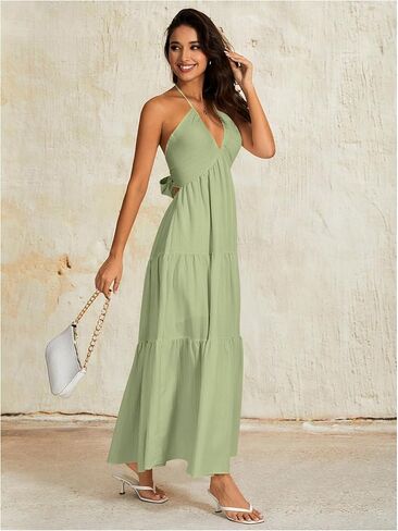 OYOANGLE Women's V Neck Tie Backless Halter Dress Ruched Flowy Vacation Maxi Dresses in Kuwait