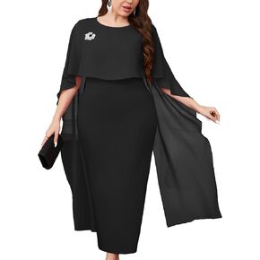 ZOMVA Plus Size Elegant Chiffon Cape Dress Crew Neck Wedding Guest Bodycon Cocktail Pencil Maxi Dresses, Without Brooch