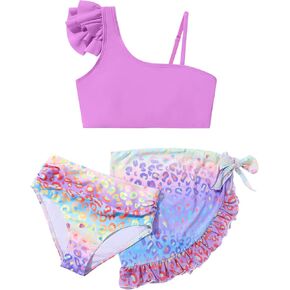 Girls Swimsuit Bikini Set 3 Piece Ruffle Adjustable Strap Kids Bathing Suit with Cover Up Skirt 7-14T