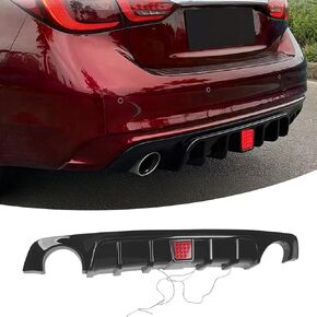 الناشر الخلفي مع ضوء الفرامل LED/ LED ملاءمة لـ Infiniti Q50 2018-2024 3.0T/ Luxe/ Red Sport 400/ حسية ، مصد خلفي أسفل الشفاه مجموعة المفسد المفسد الخارجي (لمعان الأسود)