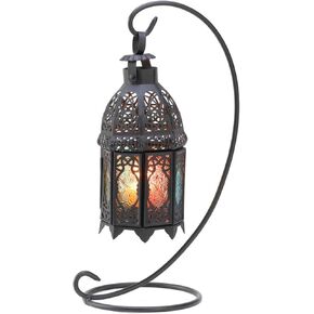 Accent Plus Zingz & Thingz Moroccan Style Candle Lantern Holder, Decorative Light Home Decor, Indoor & Outdoor, 13" Tall, Black with Rainbow Glass