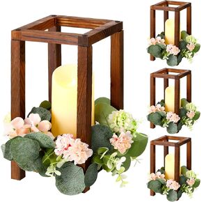 Amyhill 12 Pcs Wooden Lantern Centerpieces for Wedding Rustic Wedding Table Decorations Decorative Wooden Lantern Candle Holder with Flameless LED Candles Candle Rings Wreaths for Christmas (Fresh)