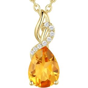 FANCIME 14K Solid Yellow Gold Teardrop Pendant with Diamond Birthstone Necklace Birthday Gifts for Mom Women, Sterling Silver Chain 16" + 2" Extender