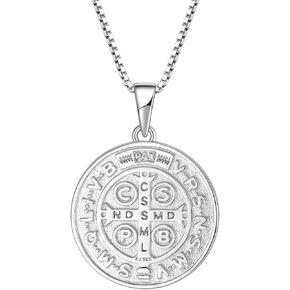 FJ Saint Benedict Necklace 925 Sterling Silver Patron Saint Benedict Medal Pendant Amulet Protection Religious Jewelry for Men Women