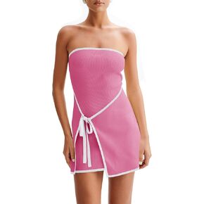 Wenrine Womens Sexy Tube Top Dress Strapless Self Tie Wrap Asymmetrical Hem Knit Summer Party Mini Dresses