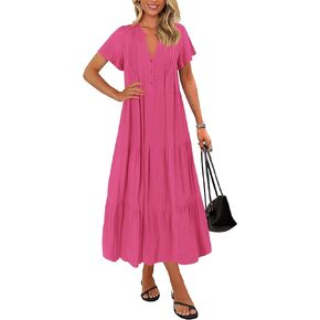 KIRUNDO Summer Maxi Dresses for Women 2025 Spring Fashion Short Sleeve Button V Neck Pleated Loose Tiered Swing Flowy Dress