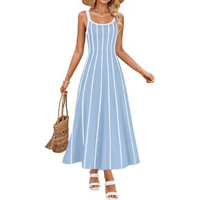 ZESICA Womens 2025 Summer Sleeveless Striped Midi Dresses Casual A Line Swing Knit Long Dress Beach Vacation Clothes