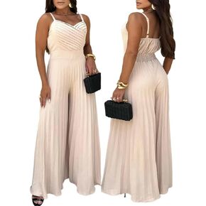 CHICME Women’s V Neck Spaghetti Strap Jumpsuits Wide Leg Pleated Pants Summer Cami Overalls