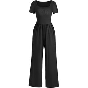 Womens Summer Jumpsuits Dressy Casual One Piece Outfits Short Sleeve Wide Leg Long Pants Rompers with Pockets