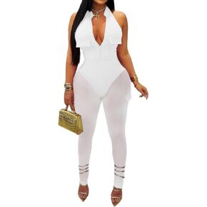 Women's Sexy 2 Piece Bodycon Outfits Cargo Jumpsuits Deep V Mesh Rompers