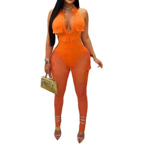 Women's Sexy 2 Piece Bodycon Outfits Cargo Jumpsuits Deep V Mesh Rompers in Saudi Arabia