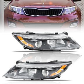 Headlight Assembly for 2014 2015 Optima, with [LED Daytime Running Light] Passenger & Driver Side Halogen Headlamp, Clear Lens Black Housing Amber Reflector, 1 Pair