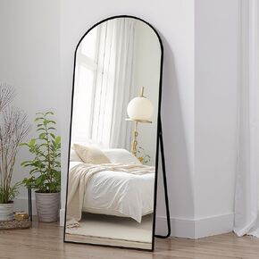 56"x19" Elegant Black Arched Full Length Mirror - Aluminum Alloy Frame, Versatile Free Standing or Wall-Mounted Design