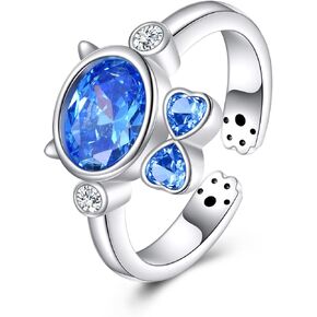 POPLYKE Cat Rings 925 Sterling Silver Aquamarine Adjustable Animal Ring Dainty Cute Cat Ring Gifts For Cat Lovers