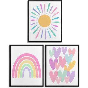Rainbow Wall Decor for Girls Room, Boho Pink Kids Wall Art Posters for Toddler Room Nursery Playroom, Toddler Girl Bedroom Decor Aesthetic, 8x10 Inches Set of 3 Unframed
