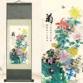 Newscz Asian Wall Art Art Vertical Art Plant for Living Room Plant - الزهور جذب الفراشات - الفاوانيا بلوم الحرير Scroll Paint Art Poster Oriental Decor