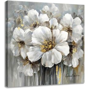 Living Room Flower Picture Wall Art White Floral Painting with Gold on Canvas for Gray Bedroom Decor 30" x 30"