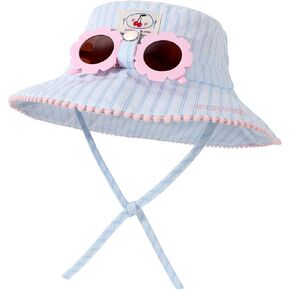 Kids Wide Brim Sun Hat with Detachable Sunglasses Adjustable Striped Summer Bucket Hat for Girls Outdoor Cap for 4-10 Years