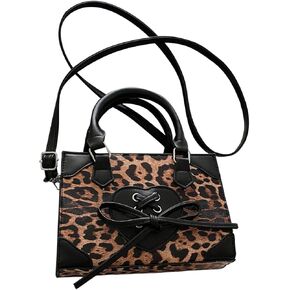 Women's Y2K Leopard Print Lace Up Satchel Handbag Zipper Double Handle Mini Shoulder Bag