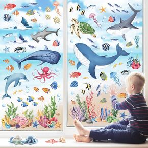 decalmile Under The Sea Fish Double Sided Window Clings Summer Ocean Animal Seaweed Whale Window Decals Anti-Collision Glass Window Doors Window Stickers