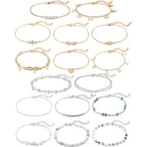 Softones 16Pcs Ankle Bracelets for Women Gold Silver Two Style Chain Beach Anklet Bracelet Jewelry Anklet Set,Adjustable Size