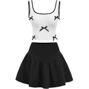 SweatyRocks Girl's 2 Piece Outfits Bow Tank Top and Ruffle A Line Skirts Clothing Set