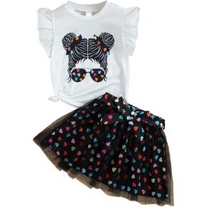 Little Girl's Skirt Outfits Two Piece Cool Print Short Sleeve T Shirt and Mesh Polka Dot Skirt Set