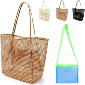 Mesh Beach Tote Bags for Womens, Shoulder Handbag Hobo Pool Bags for Swimming Vacations Summer Essentials in Kuwait