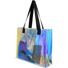 Holographic Clear Tote Bag - Iridescent Beach Bag with Handles Large Party Favor Bags Reusable Holographic Bags for Goodie Birthday Valentine Party Christmas Shopping 13"X3.9"X11.8"