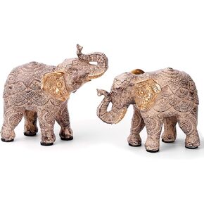Elephant Statue for Home Decorations, Elephant Figurines with Trunk Up, Room Decor for Shelf Table Living Room Nightstand, African Elephants Gifts for Women Small Set of 2 Gold Color Accents