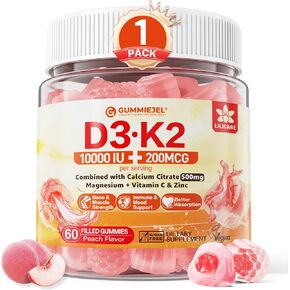 فيتامين D3 K2 Gummies 5000iu / 10،000 وحدة دولية مع 500 ملغ من الكالسيوم + K2 (MK -7) 200mcg ، المغنيسيوم ، فيتامين C و Zinc ، قوة إضافية - الامتصاص النهائي للعظام ، العضلات ، الأسنان ، نباتي ، 60 العدد (حزمة 1)