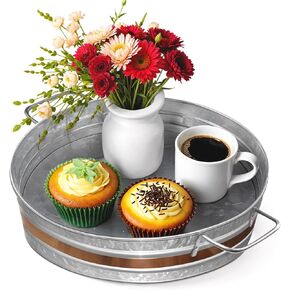 Plexon Metal Serving Tray, Galvanized Tray 12" D, Metal Tray with Handles and Copper Decor Trim, Centerpiece Round Coffee Table Tray, Steel Silver Trays for Serving Indoor and Outdoor