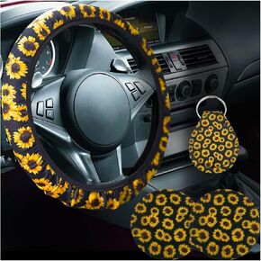 4PCS Sunflower Car Accessories Set, Universal 14-15 Inch Steering Wheel Cover & Quarter Keyring & 2 Cup Holder Coasters, Fashionable Car Interior Decoration for Women Men (Sunflower)