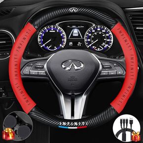 Customized Steering Wheel Cover Compatible with BMW, Napaa Leather&Carbon Fiber Texture Steering Wheel Cover, Includes 2 Coasters and USB Fast Charging Cable (Red)