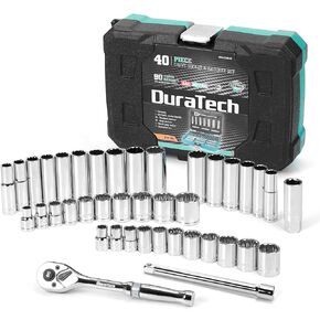 DURATECH 3/8" Drive Socket Set, 40 Piece Tool Set Including Standard (SAE) and Metric Sockets, 90-Tooth Ratchet Handle and Extension Bar