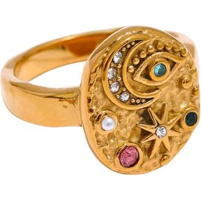 LUVA Moon Star Evil Eye Ring, 18K Gold Plated Stainless Steel Ring, Celestial Gemstone Ring For Women, Statement Ring, Waterproof, Anti Tarnish, Mystic Jewelry