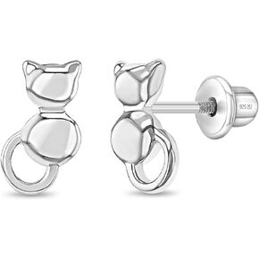 925 Sterling Silver Kitty Cat Screw Back Earrings for Young Girls & Pre-Teens, Small Cat Stud Earrings for Girls- Classic Animal Studs for Daily Use, Tiny Kitten Screw Backs