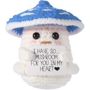 Funny Positive Mushroom, Cute Crochet Plant with Inspirational Card Creative Knitted Doll Emotional Support Life Potato Lucky Motivational Plush Toy Gift for Birthday Party Decoration