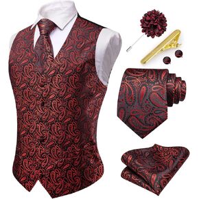 سترة بدلة رجال عالية التغذية وربطة عنق مجموعة من الخصر الصدرية V-Neck Paisley وربطة عنق الجيب مربعة أزرار أكمام