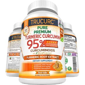 Trucurc Turmeric Curcumin with Black Pepper Supplement with 95% Pure Curcumin - Potent Joint Support Supplement - Max Absorption for Natural Joint Health Support - 60 Turmeric Capsules
