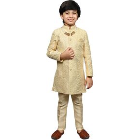 Ahhaaaaa Silk Blend Kids Indian Indian Tertaly Wear Equin Print Indo-Western Sherwani مجموعة للأولاد