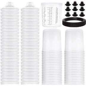 50 Pack Disposable Paint Cup for Spray Gun Paint Mixing Cups Liners 22 Ounce (650ml) Kit with 50 Cups, 50 Lids, 20 Plugs, 1 Hard Cup with Retainer Ring