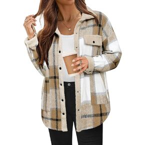 HOTOUCH Womens Fuzzy Sherpa Fleece Flannel Shirt Jacket Warm Cozy Button Up Fall Winter Plaid Shackets with Pockets, M Apricot
