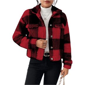 SOLY HUX Women's Plaid Fleece Jacket Button Down Long Sleeve Drop Shoulder Fuzzy Sherpa Jacket Outerwear