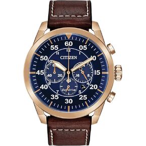 Citizen Men's Eco-Drive Weekender Avion Rose Gold Gold Stainless Steel Watch مع حزام من الجلد البني ، والطلب الأزرق (الطراز: CA4213-18L)
