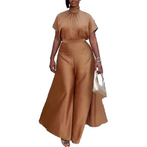 Spring Women 2 Piece Outfit Elegant Satin Short Sleeve Crop Blouses Wide Leg Long Pants Going Out Sets