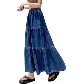 chouyatou Women's Spring High Elastic Waist Tiered Denim Skirt Summer A-Line Maxi Long Jean Skirt